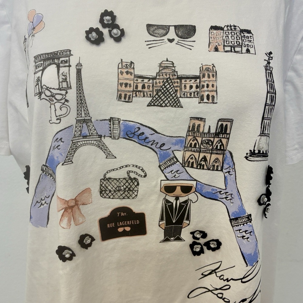 Karl Lagerfeld Paris Bow Trim Eiffel Tower T-Shirt Womens Size L 3D Applique - Picture 4 of 10